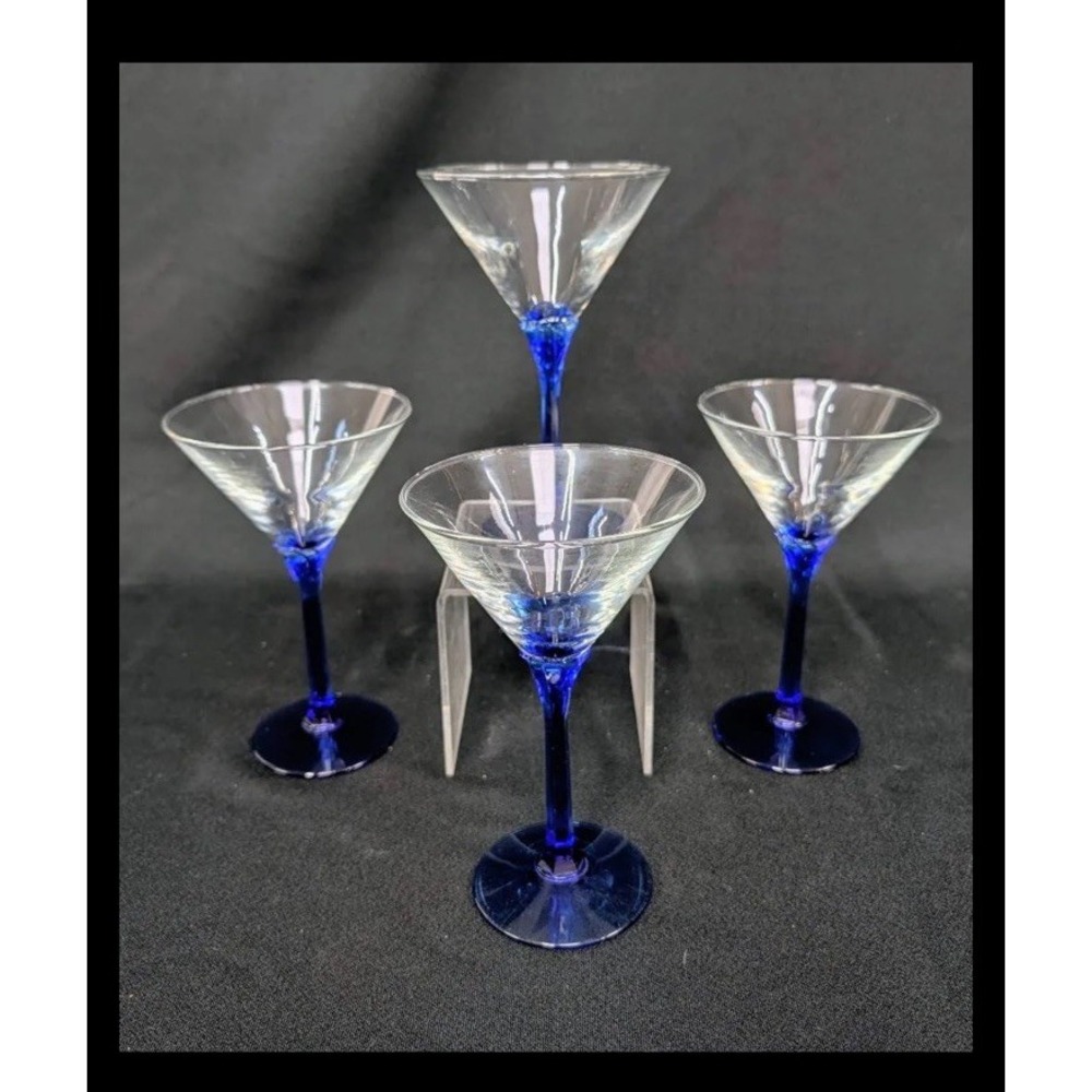 Crown Corning Cobalt Blue Stem Martini Glasses, Paneled Stem, Vintage Lot Of 4